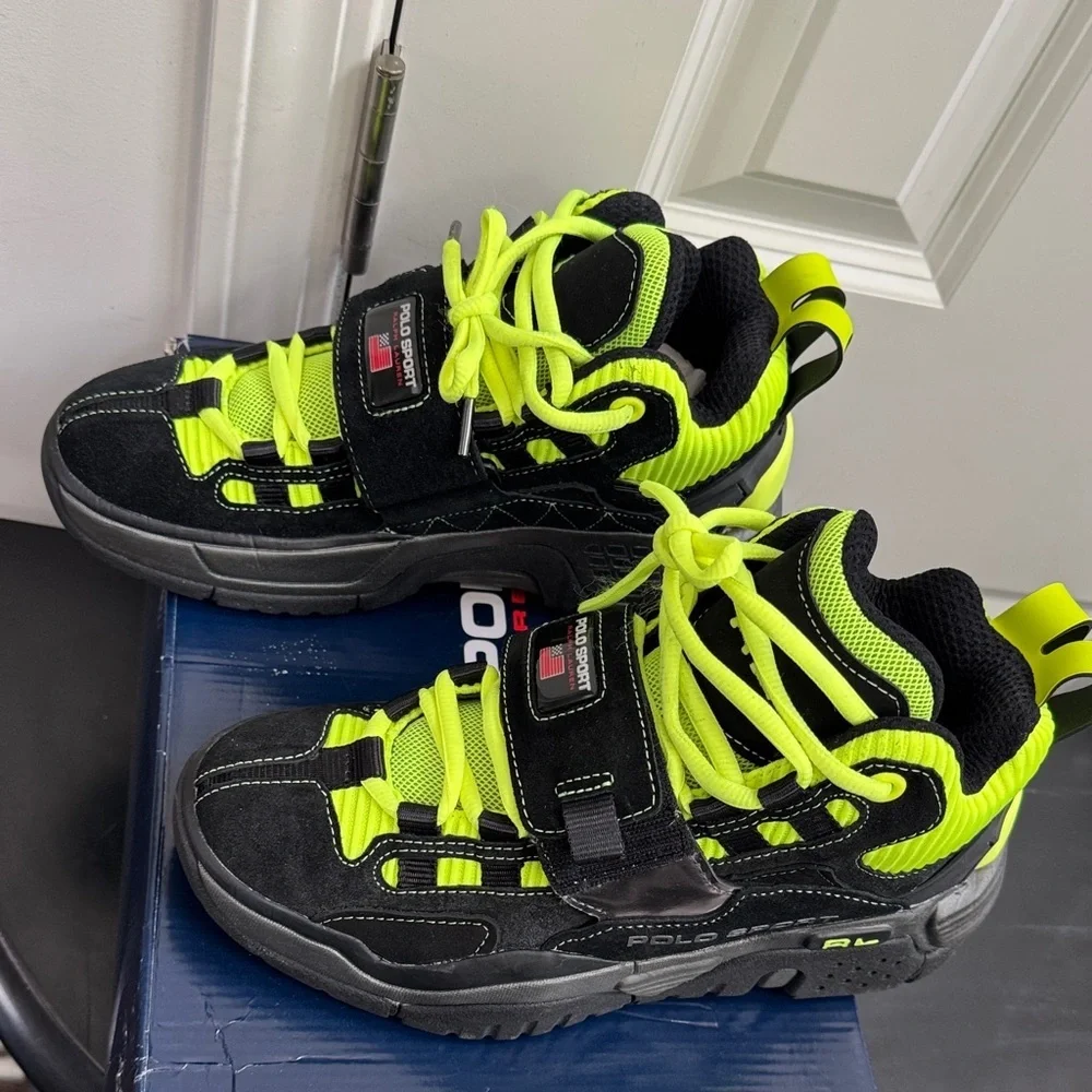Polo by Ralph Lauren Black and Neon Green Suede Sneakers, Like New